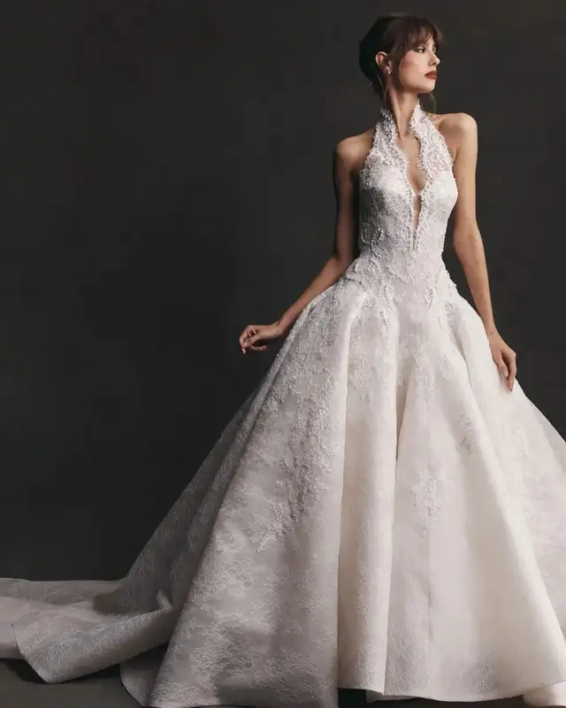Halter Neck Lace Deep V Ball Gown — SW596