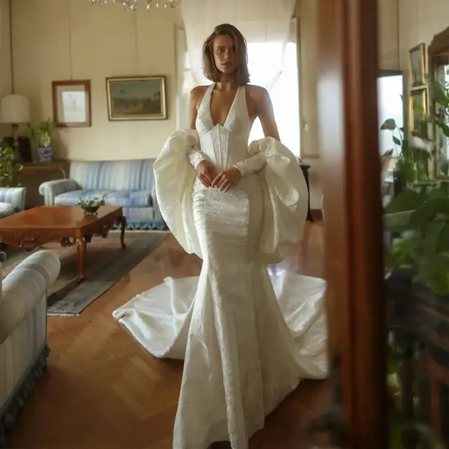 Halter Neck Puff Sleeve Mermaid with Train Wedding Dress — SW188