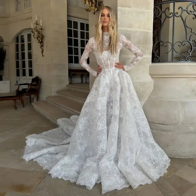 High Neck Long Sleeve Lace A-Line Wedding Dress — SW227