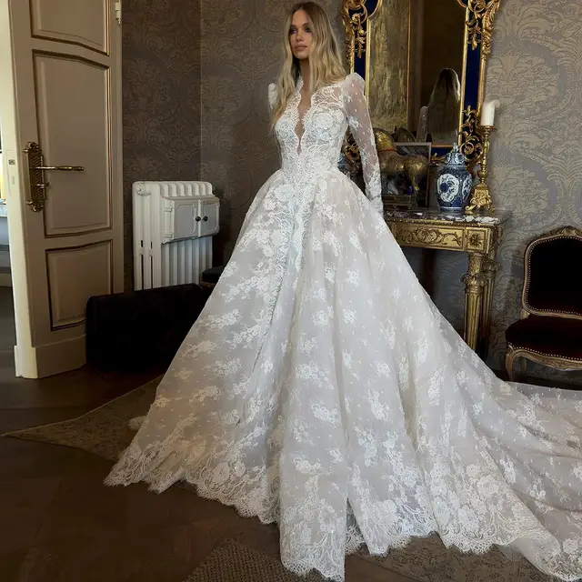 High Neck Sequin Long Sleeve Lace A-Line Wedding Dress — SW211