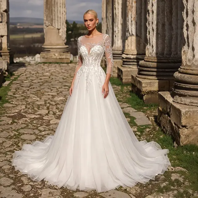 Illusion Neck Lace & Tulle with Cathedral Train Wedding Dress — SW709