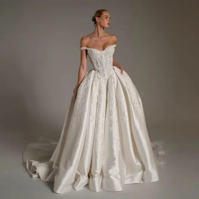 Lace Embroidery Satin Train Wedding Dress — SW163
