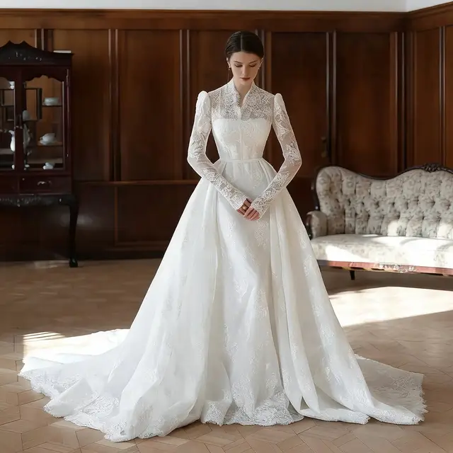 Lace High Neck Long Sleeve A-Line Wedding Dress — SW279