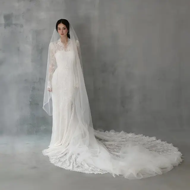 Lace High Neck Long Sleeve Train Mermaid with Veil Wedding Dress — SW274