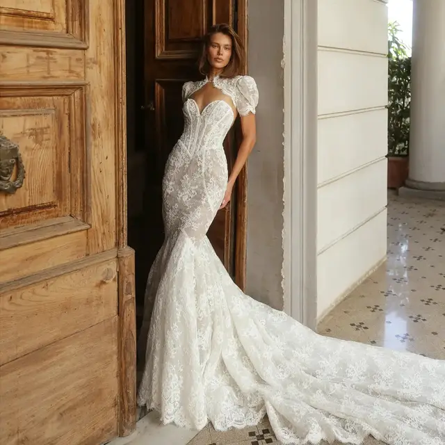 Lace High Neck Puff Sleeve Backless Mermaid Wedding Dress — SW180