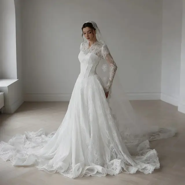 Lace Long Sleeve A-Line with Veil Wedding Dress — SW273