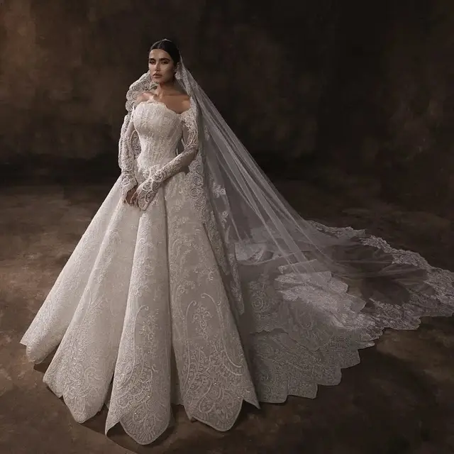 Lace Long Sleeve Fitted Train with Veil Wedding Dress — SW524