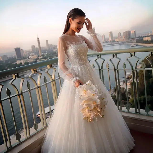 Long Sheer Sleeve A-Line Tulle with Lace Appliqués Wedding Dress — SW713