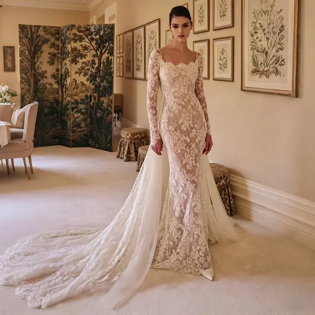 Long Sleeve Lace Mermaid with Overskirt Wedding Dress — SW228