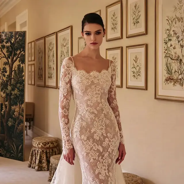 Long Sleeve Lace Mermaid with Overskirt Wedding Dress — SW228