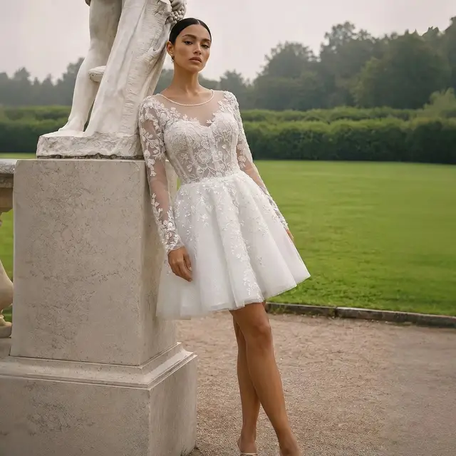 Long Sleeve Lace Short Wedding Dress — SW721