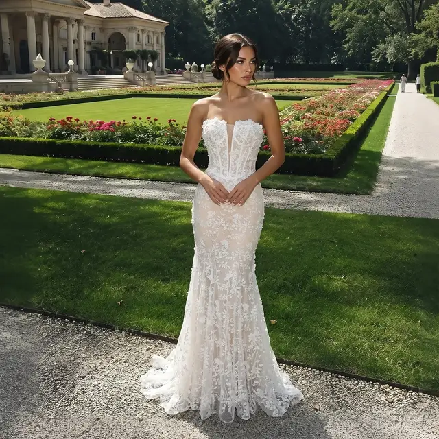 Nude Lace Fairytale Mermaid 3D Floral Train Wedding Dress — SW649