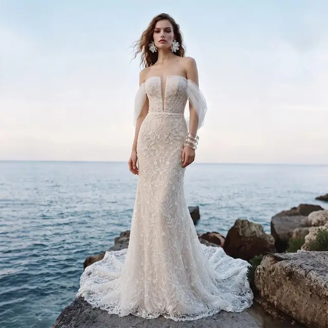 Nude Lace Mermaid Beaded Sequins Tulle Gloves Wedding Dress — SW161