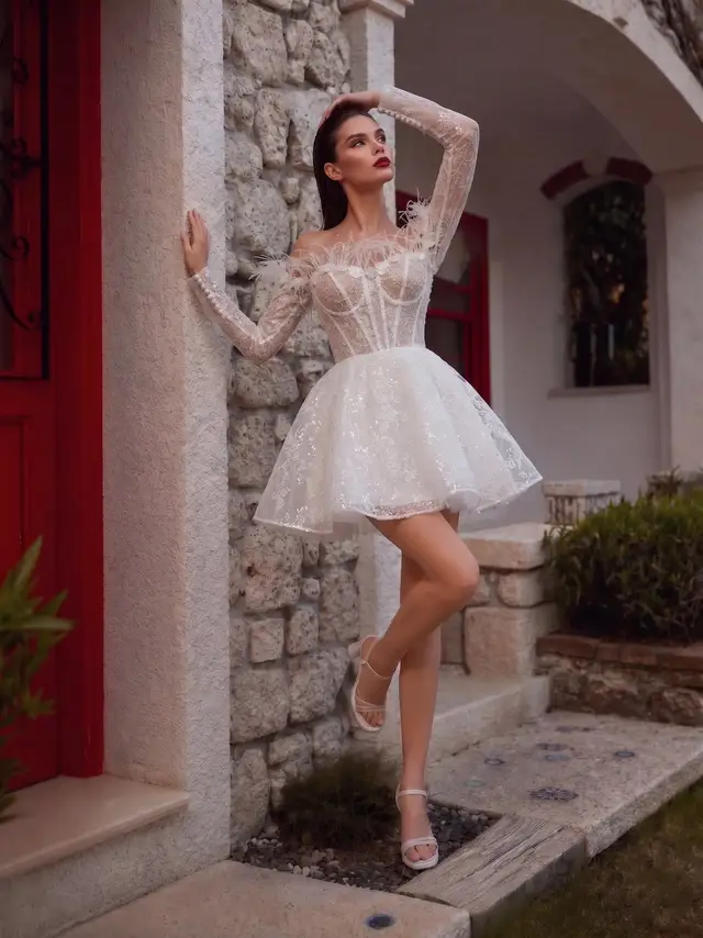 Off-Shoulder Feather Lace Corset Mini Wedding Dress — SW717