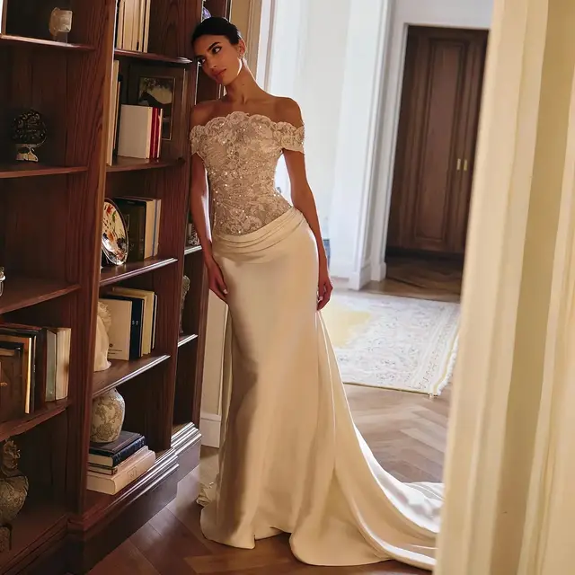 Off-the-Shoulder Lace and Satin Mermaid with Veil Wedding Dress — SW231