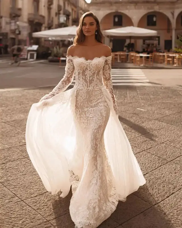 Off-the-Shoulder Lace Mermaid with Tulle Overlay Wedding Dress — SW172
