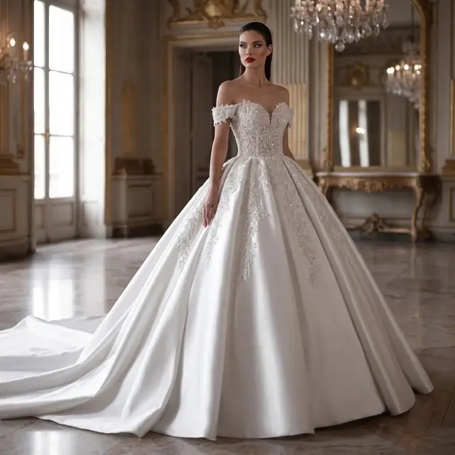 Off-the-Shoulder Lace Satin Ball Gown — SW701