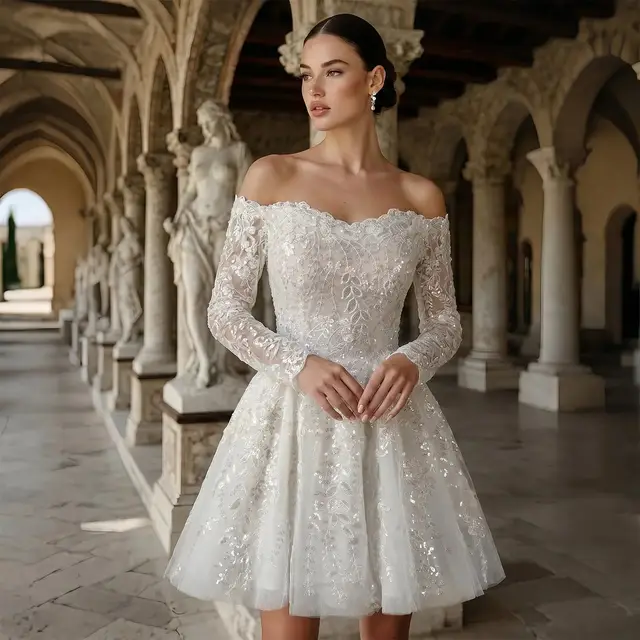 Off-the-Shoulder Lace Short Wedding Dress — SW723