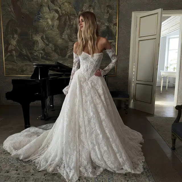 Off-the-Shoulder Long Sleeve Lace Corset Wedding Dress — SW213