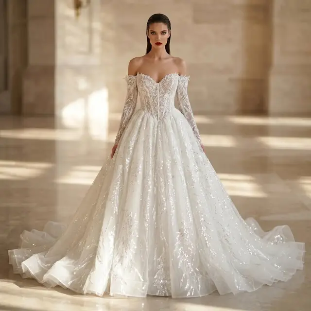 Off-the-Shoulder Long Sleeve Lace Tulle Ball Gown — SW702