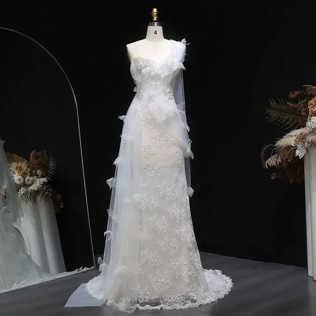 One-Shoulder Lace Ruched Bow Mermaid Wedding Dress — SW638