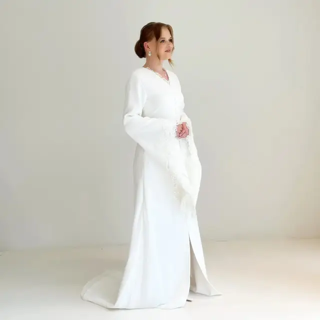 Pearl High Neck Long Sleeve with Veil Wedding Dress — SW584