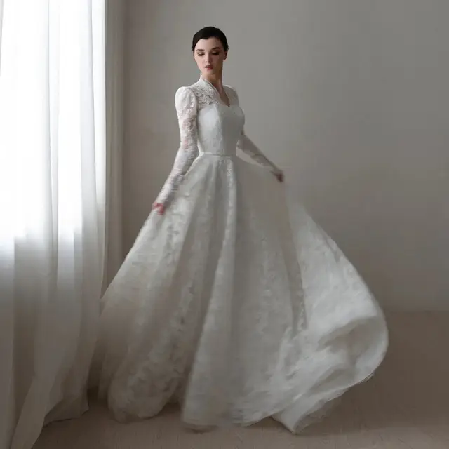 Printed Lace High Neck with Train Wedding Dress — SW537
