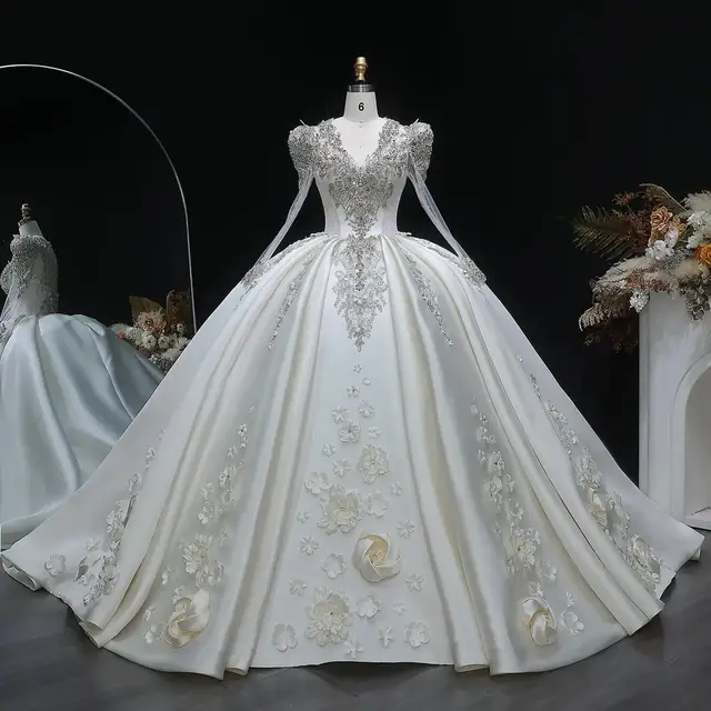 Satin 3D Floral Long Sleeve Embroidered Wedding Dress — SW601
