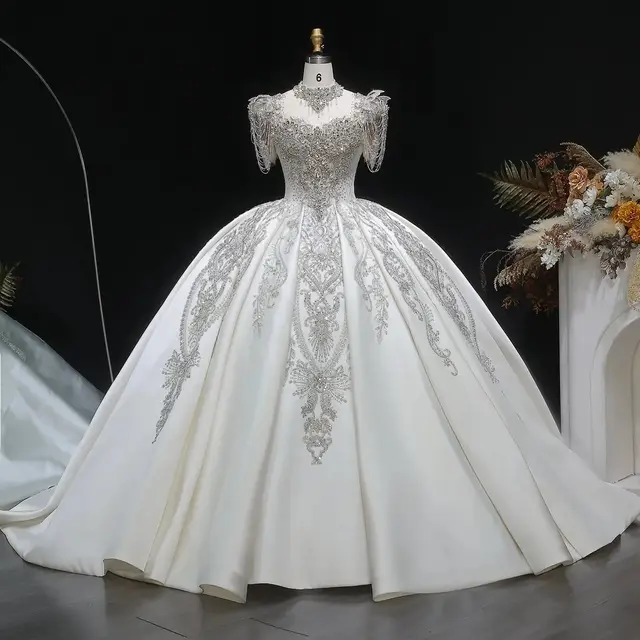Satin Ball Gown with Silver Floral Embroidery — SW605