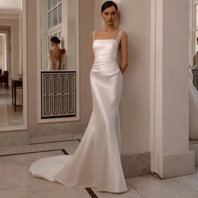Satin Beaded Overlay Mermaid Train Wedding Dress — SW174