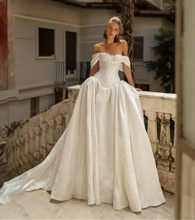 Satin Off-the-Shoulder Ball Gown with Train — SW181