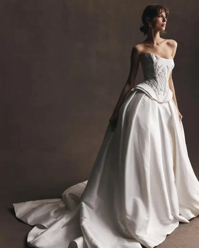 Satin Strapless Beaded Ball Gown Train — SW599
