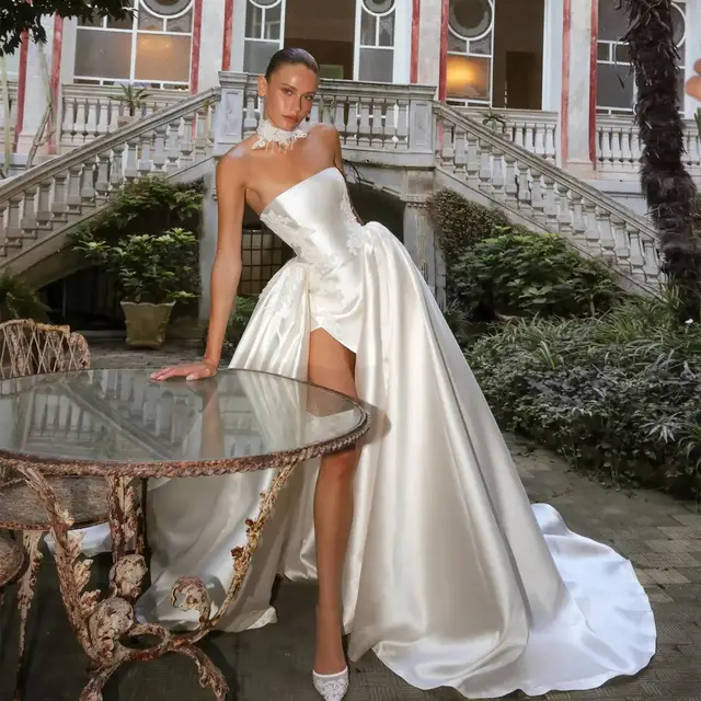 Satin Strapless High Slit Ball Gown with Choker — SW186