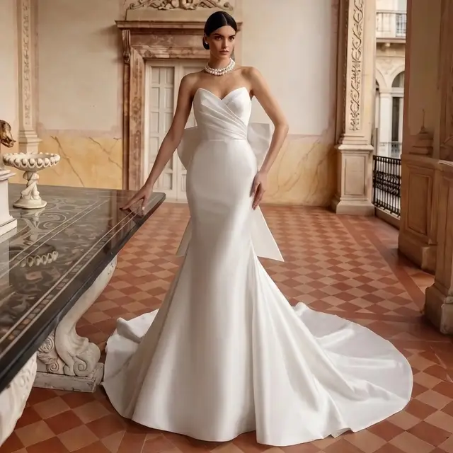 Satin with Buttons & Train Wedding Dress — SW718