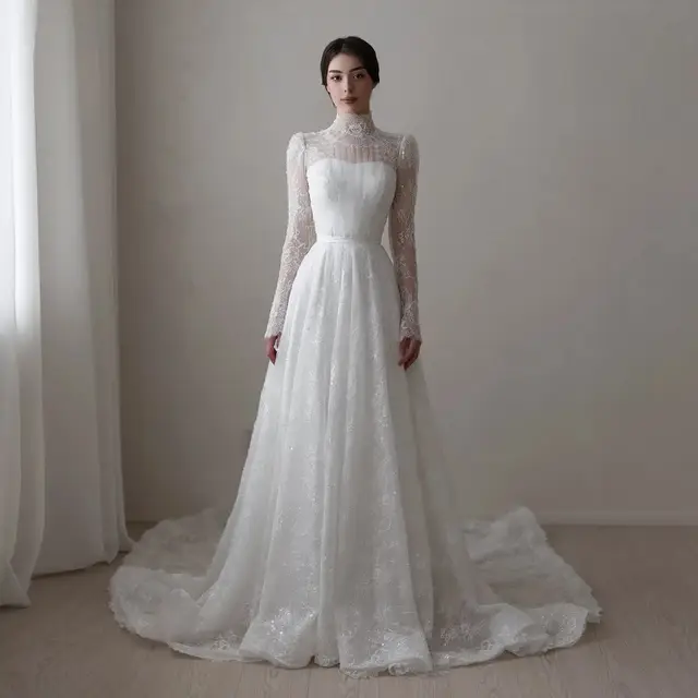 Sequin Printed Long Sleeve Wedding Dress — SW536