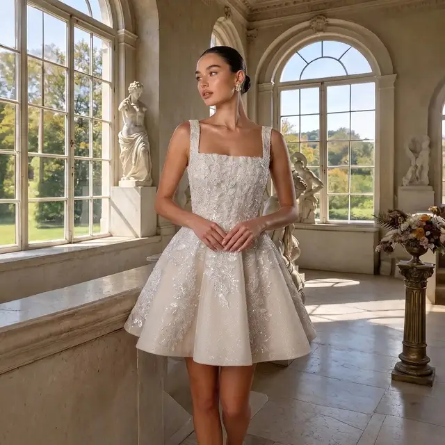 Sleeveless A-Line Short with Deep V Back Wedding Dress — SW725