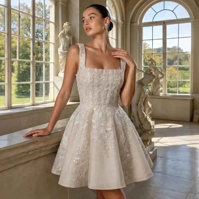 Sleeveless A-Line Short with Deep V Back Wedding Dress — SW725