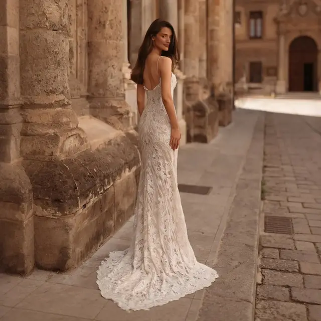 Sophisticated High Cold Shoulder Beaded Lace Fitted Wedding Dress — SW175