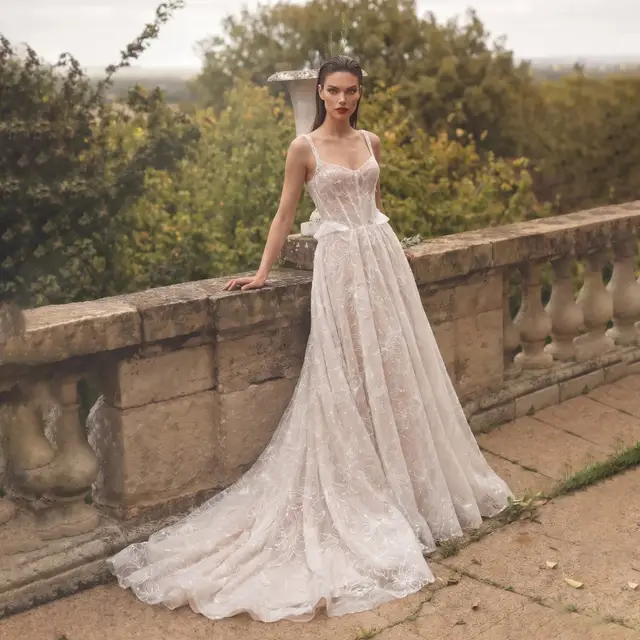 Square Neck Corset Lace Tulle A-Line with Train Wedding Dress — SW706