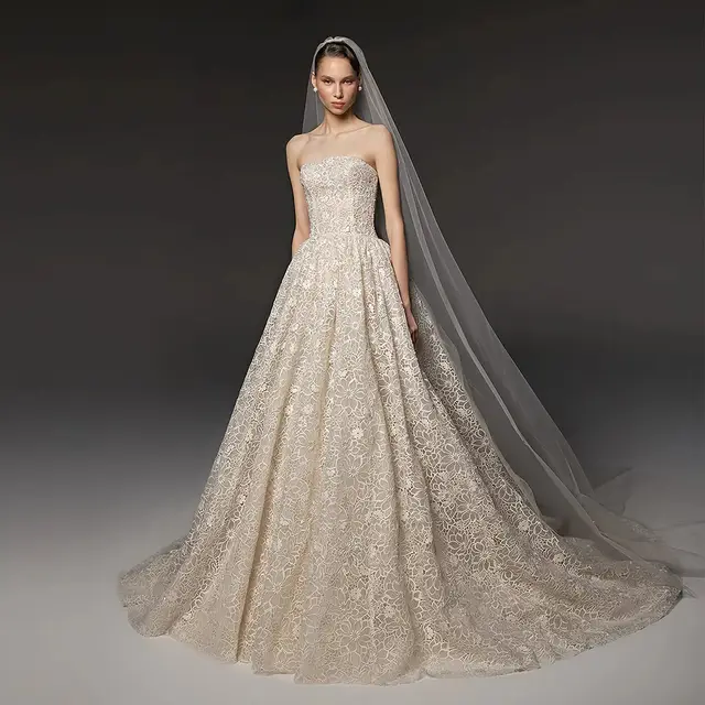 Strapless Allover Lace Ball Gown with Veil — SW667