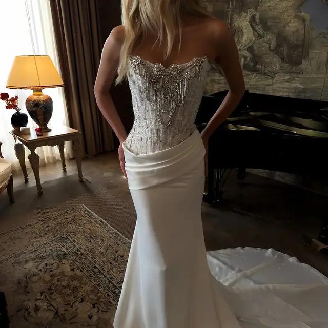 Strapless Beaded Fringe Bodice Satin Mermaid Wedding Dress — SW221