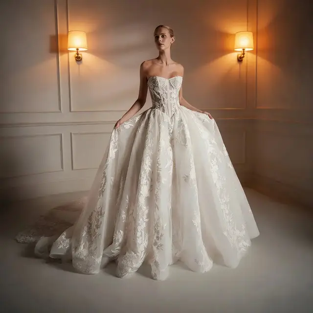 Strapless Floral Embroidery Ball Gown with Veil — SW169