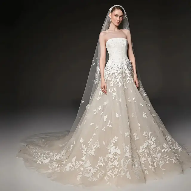 Strapless Floral Lace Mermaid Train with Veil Wedding Dress — SW665