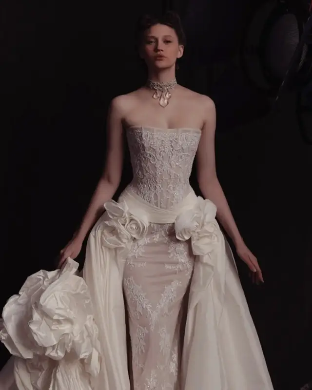 Strapless Lace 3D Floral with Overskirt Wedding Dress — SW598