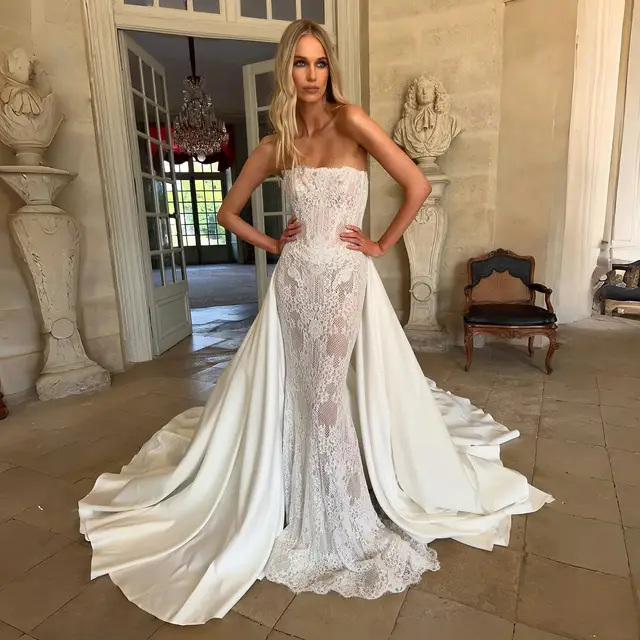 Strapless Lace Mermaid with Overskirt Wedding Dress — SW226