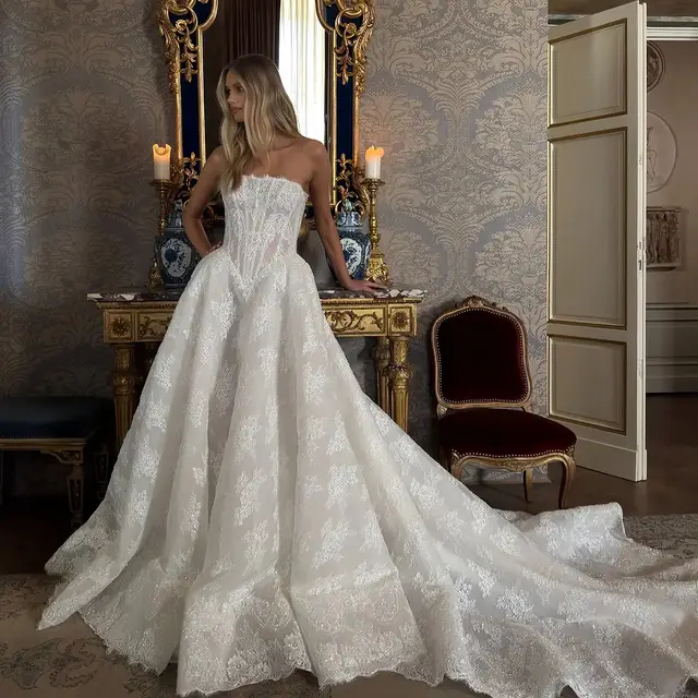Strapless Sequin Sheer Lace Ball Gown — SW214