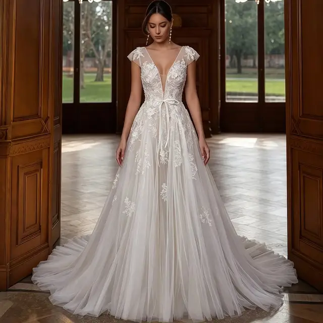 V-Neck Cap Sleeve A-Line Lace Tulle Wedding Dress — SW711