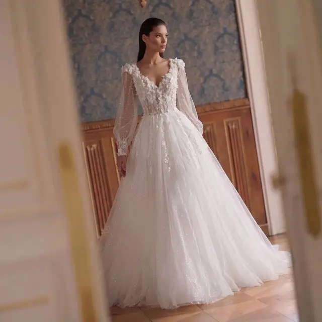 V-Neck Long Sleeve Lace-Up Back A-Line Wedding Dress — SW716
