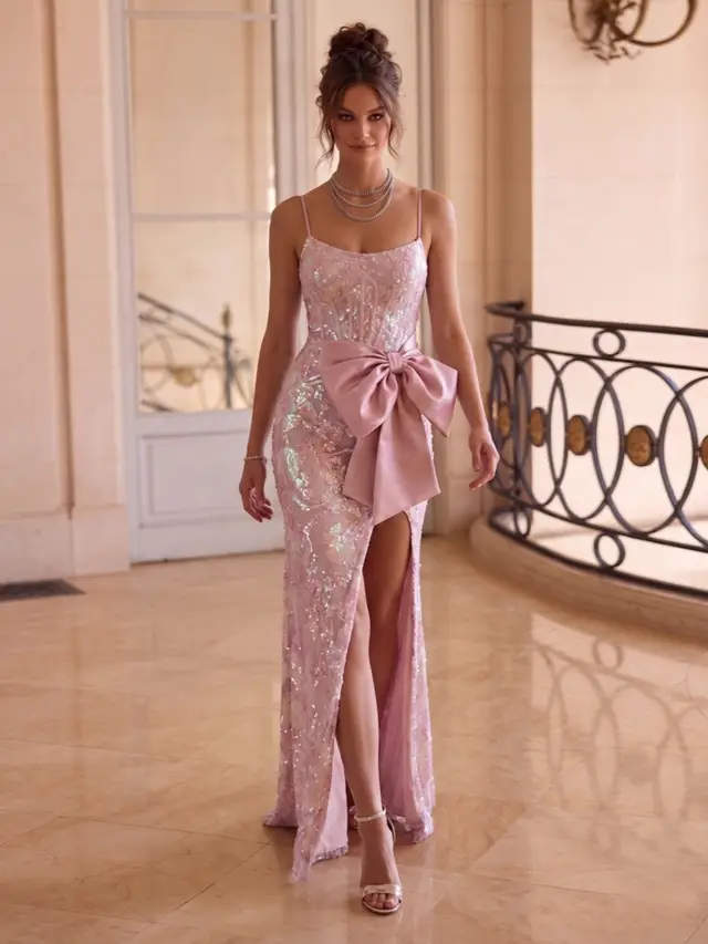 Trumpet/Mermaid Spaghetti Straps Sleeveless Floor-Length Evening Dresses with Bowknot & Split Side