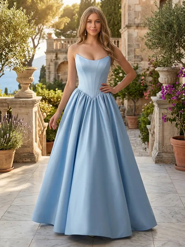 A-Line/Princess Strapless Sleeveless Basque Waist Prom Dresses with Ruched & Pocket